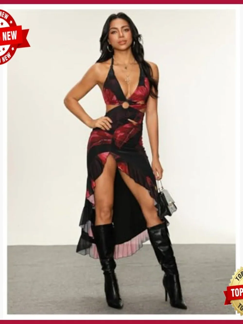 Women's Halter Cut Out Dress Asymmetrical Hem High Slit Mesh Ruffle_3